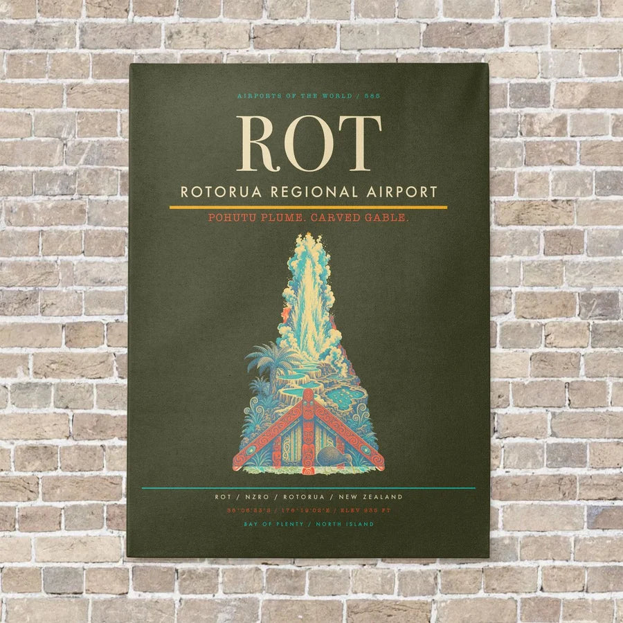 Rotorua Regional Airport ROT vertical canvas print - no frame - green army background