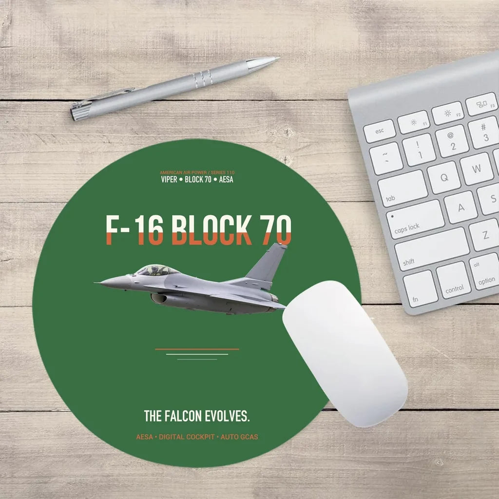 F-16 Block 70 The Falcon Evolves design on green round mouse pad