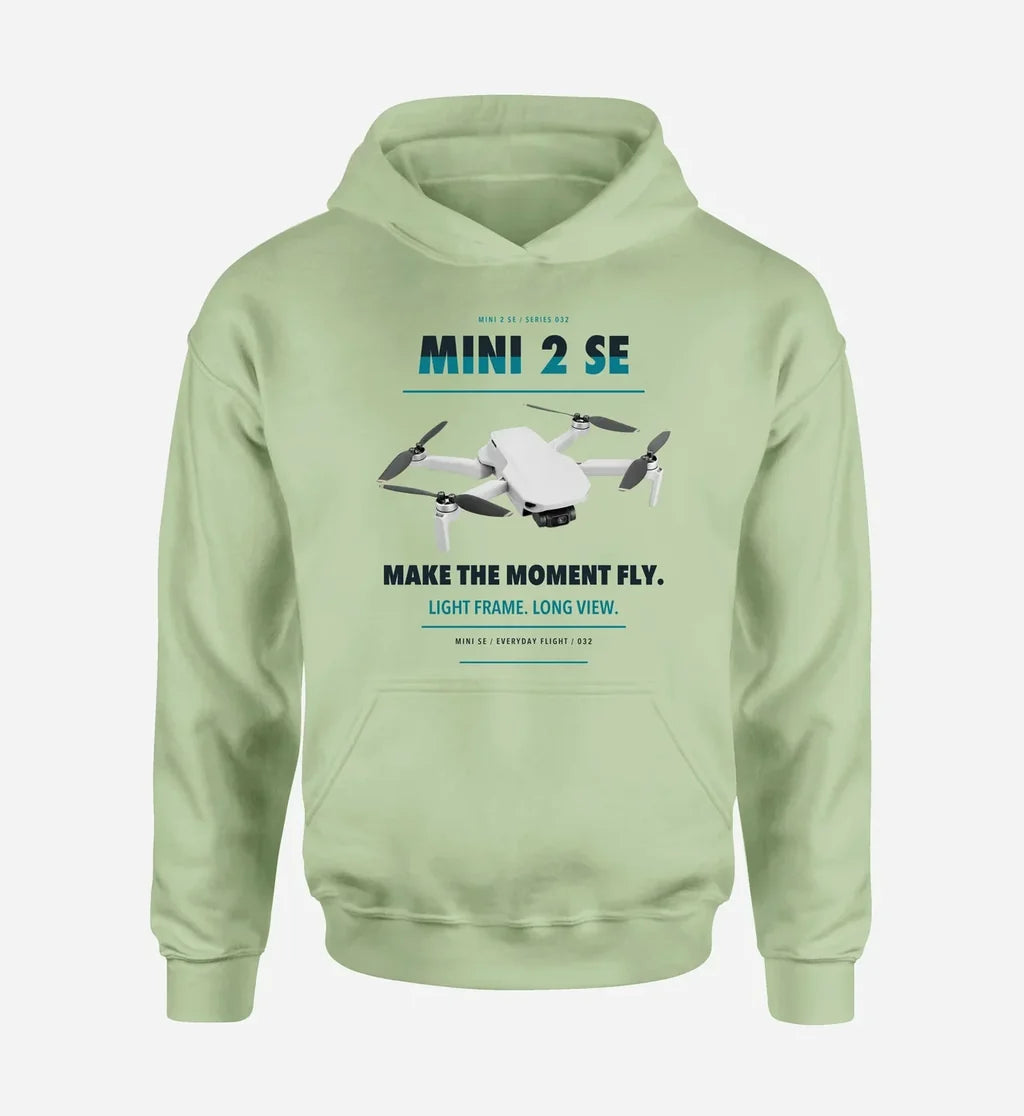 DJI Mini 2 SE design on light green hoodie single side