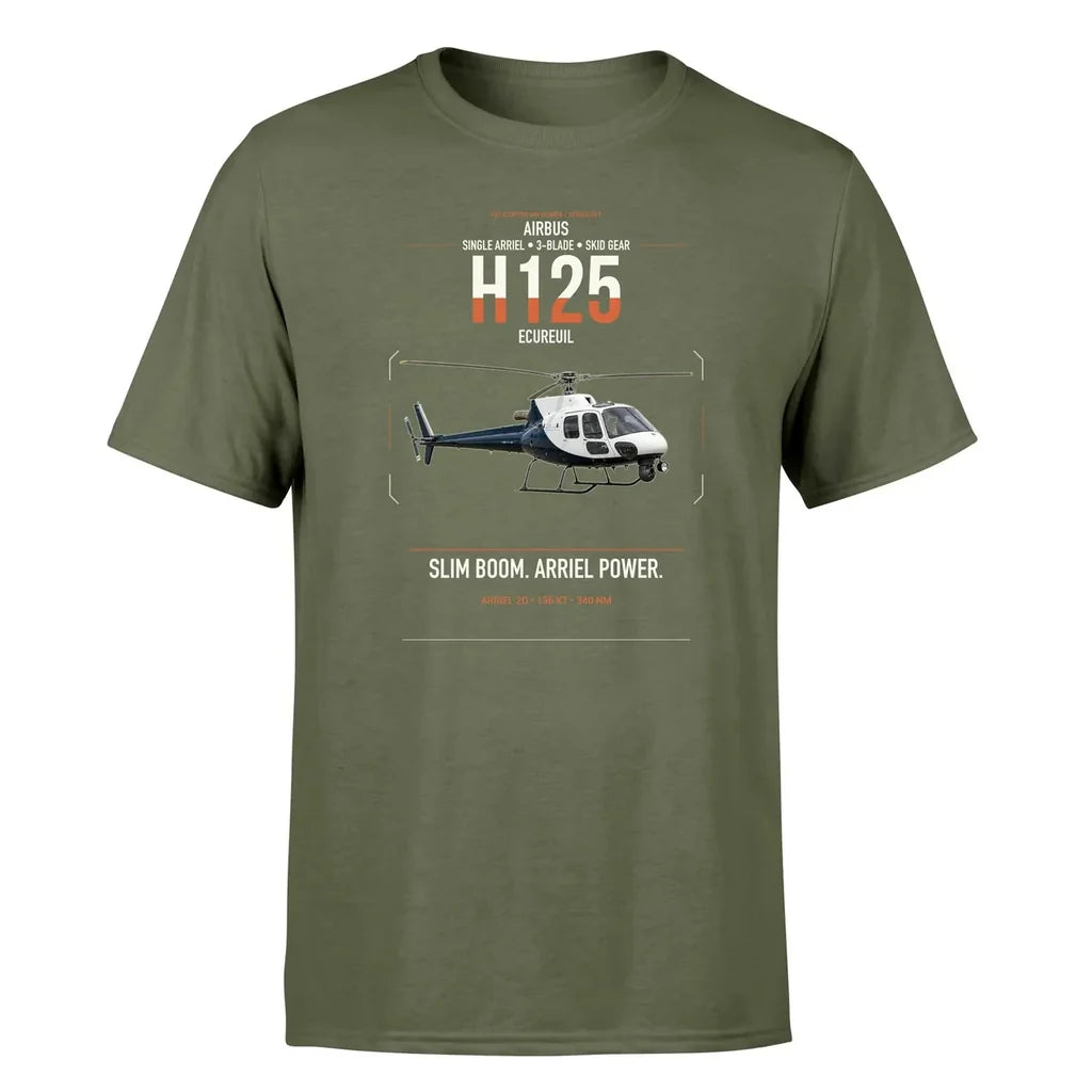 Airbus H125 design on green army t-shirt, single-side print