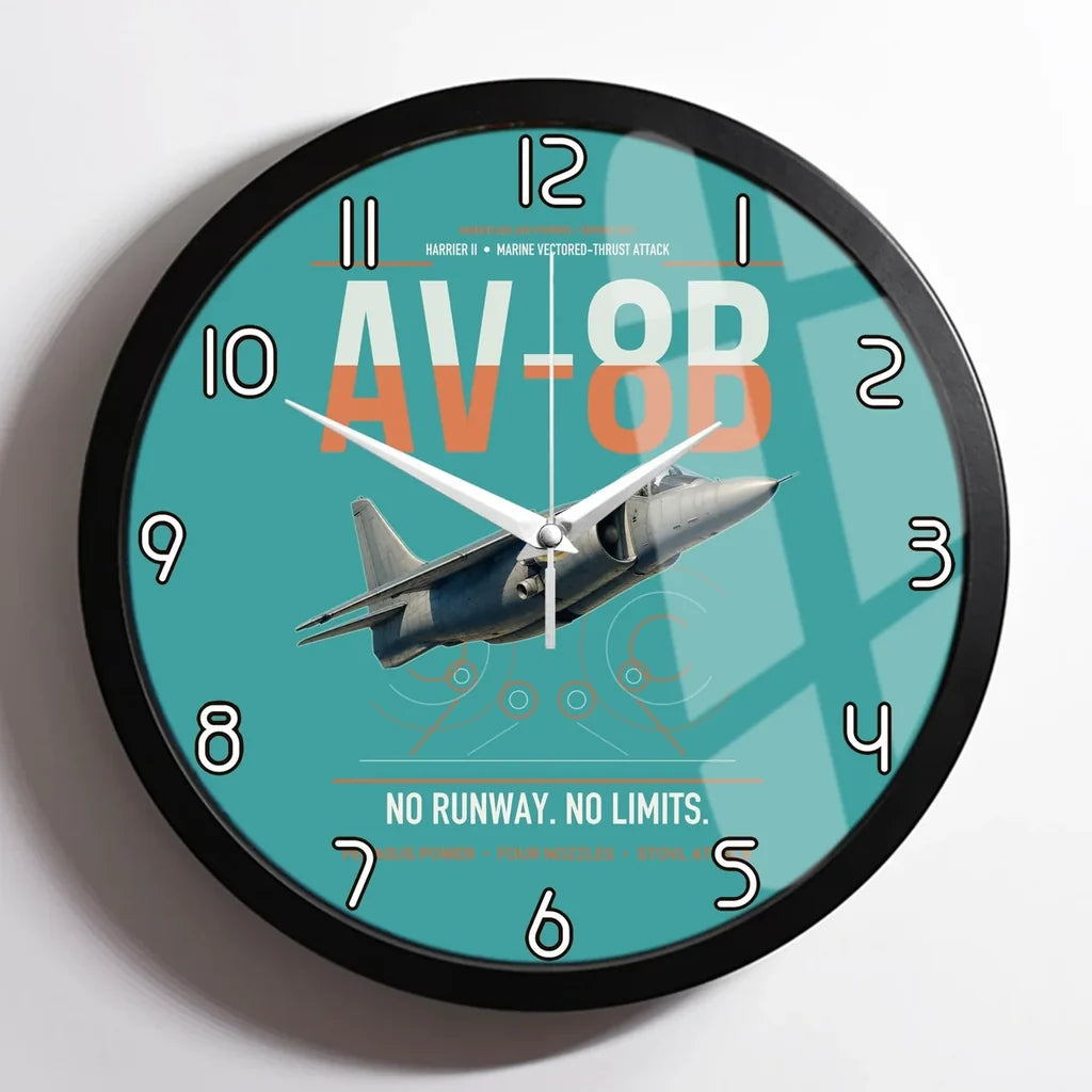 AV-8B Harrier II design on turquoise framed wall clock
