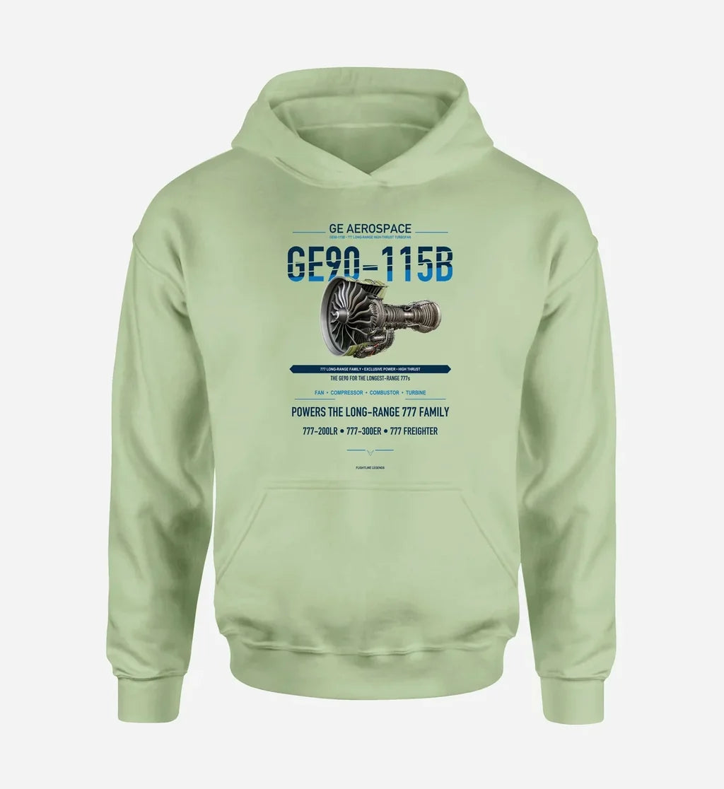 GE90-115B design on light green hoodie single side