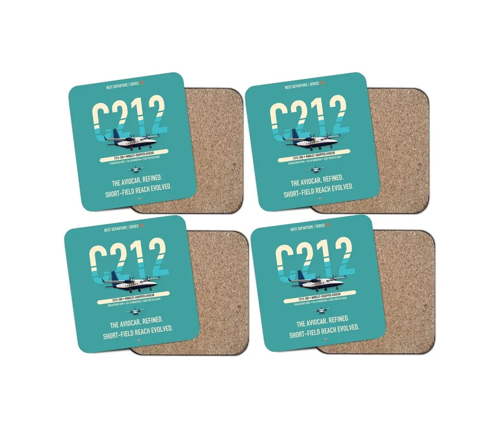 CASA C-212-300 Aviocar design on turquoise 4 pieces set coaster