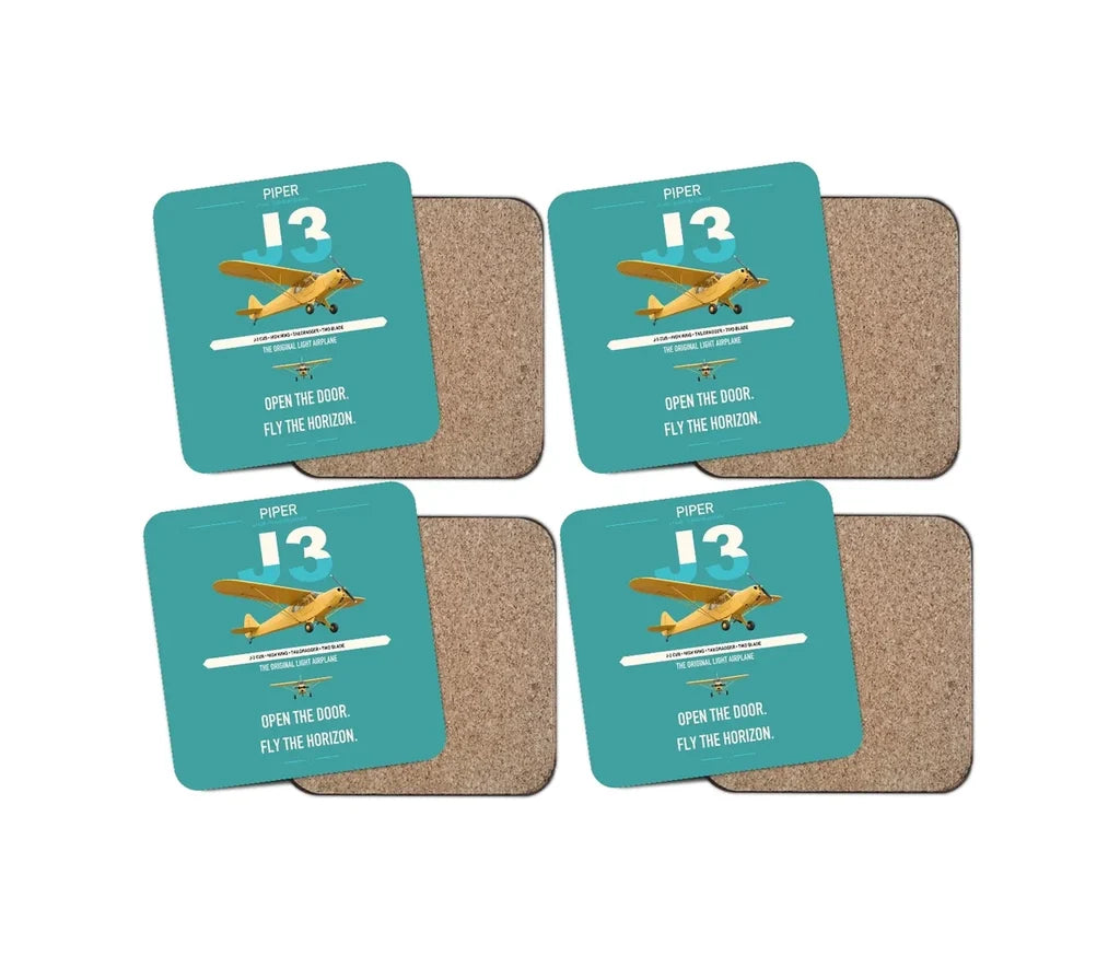 Piper J-3 Cub design on turquoise 4 pieces set coaster