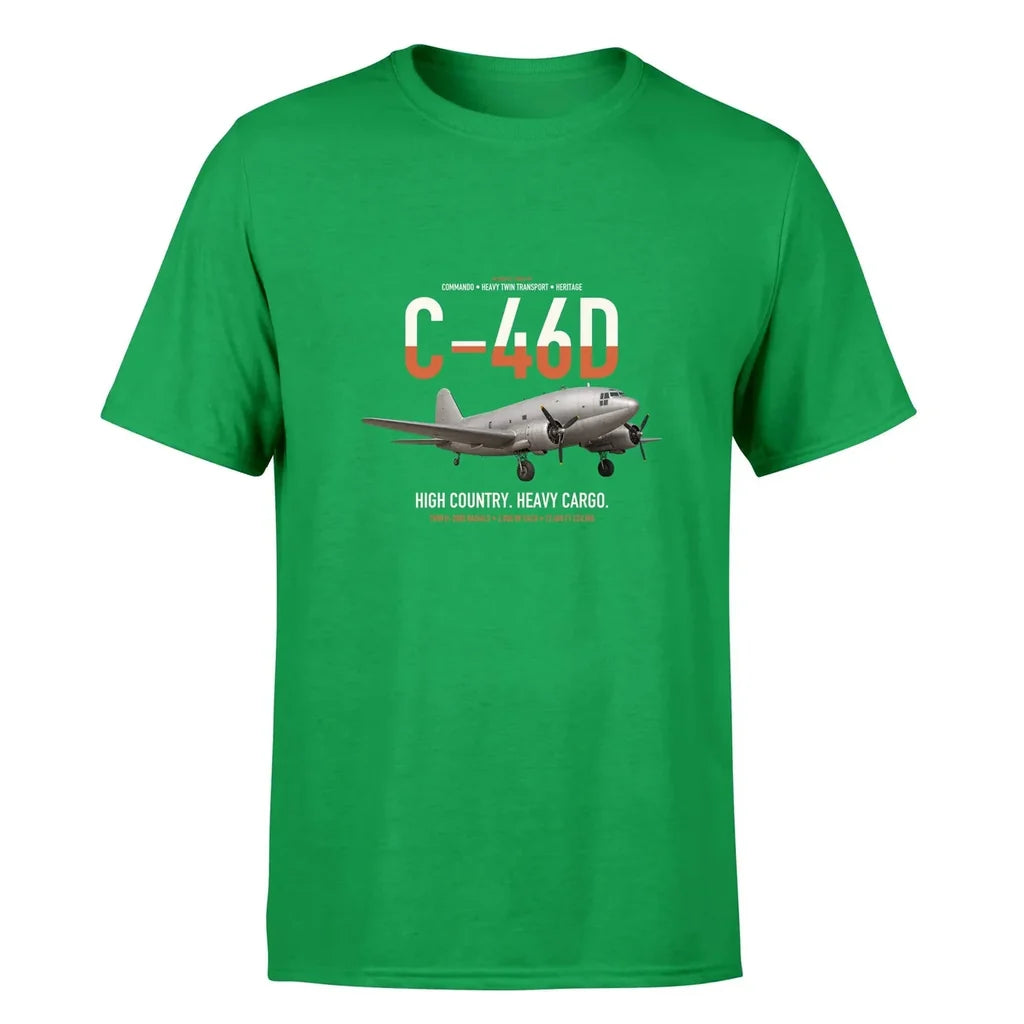 C-46D Commando design on green double-side t-shirt, single-side print