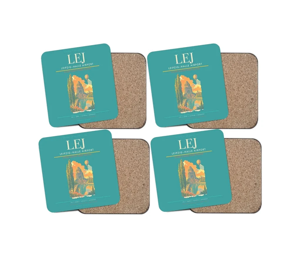 Leipzig–Halle Airport (LEJ) design on turquoise 4 pieces set coaster