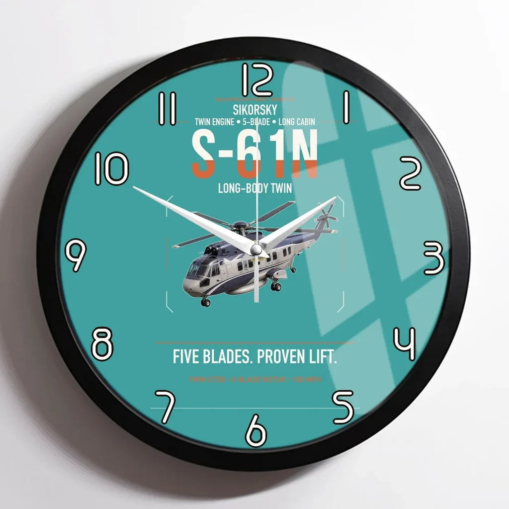 Sikorsky S-61N design on turquoise framed wall clock