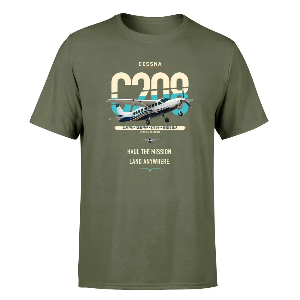 Cessna 208 Caravan design on green army t-shirt, single-side print