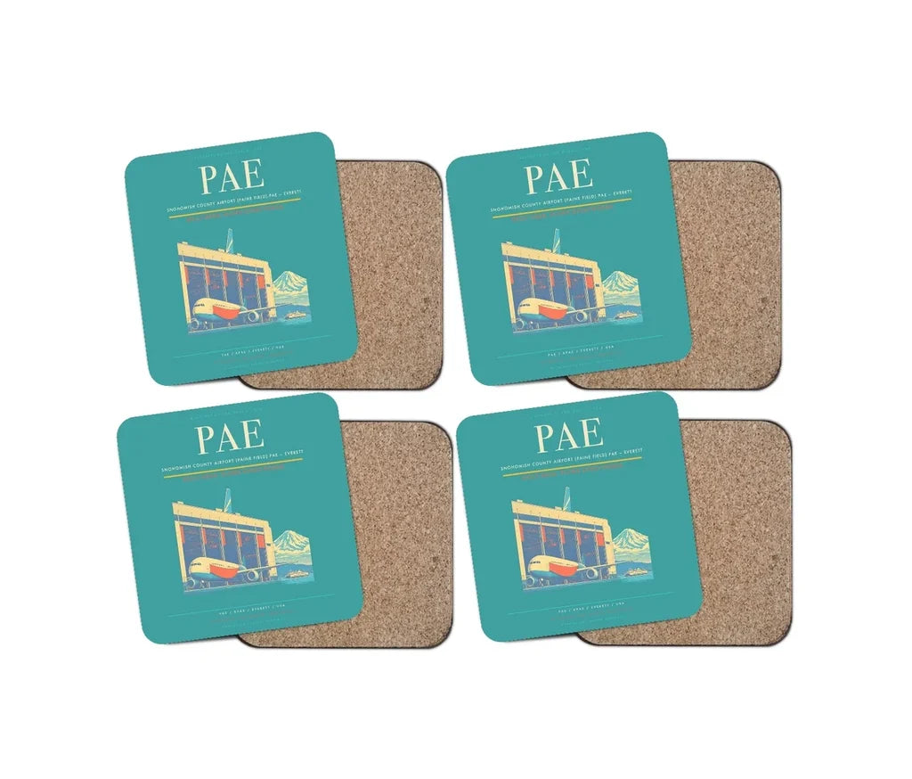 Snohomish County Airport (Paine Field) (PAE) design on turquoise 4 pieces set coaster
