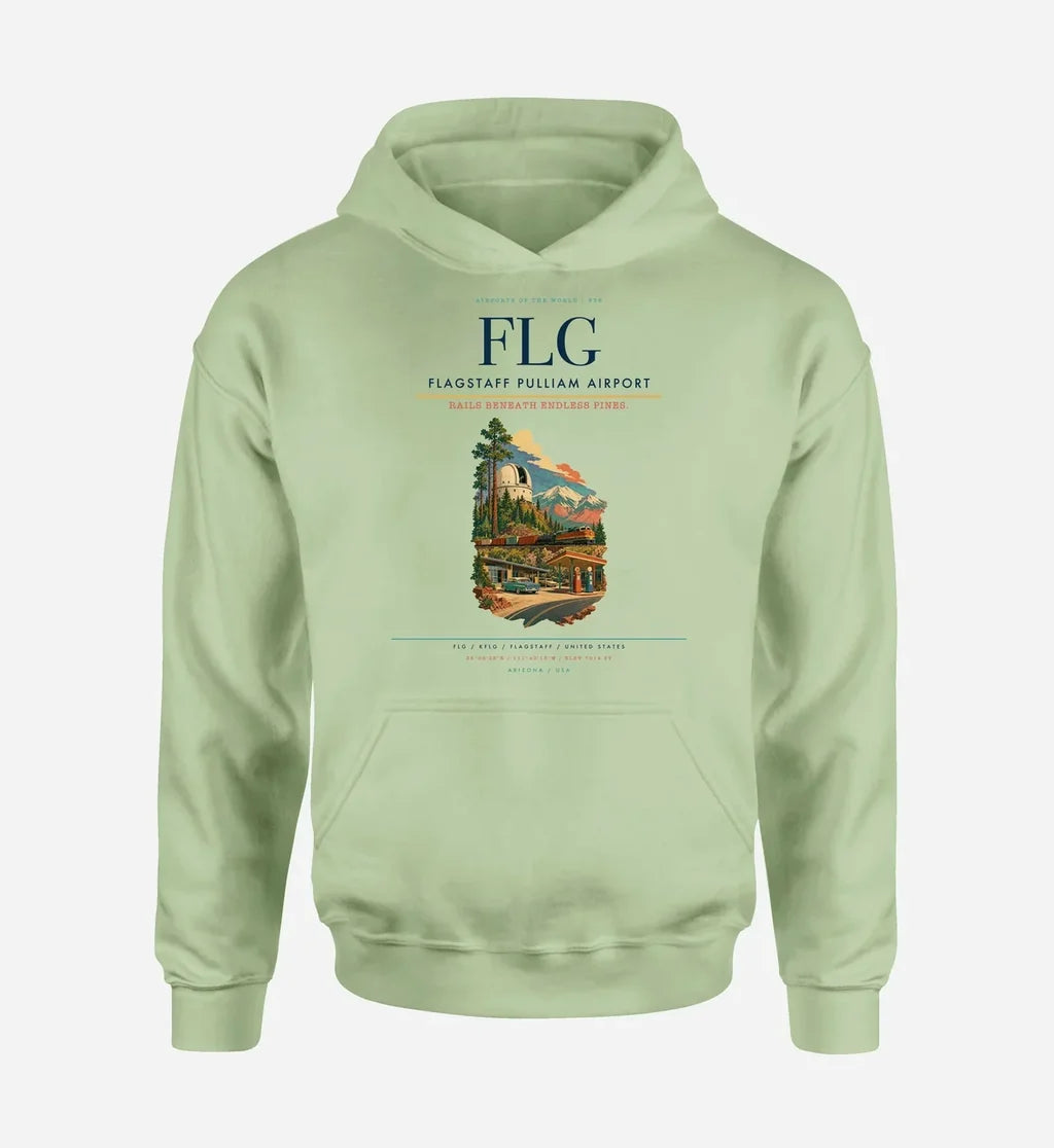 Flagstaff Pulliam Airport (FLG) design on light green hoodie single-side print