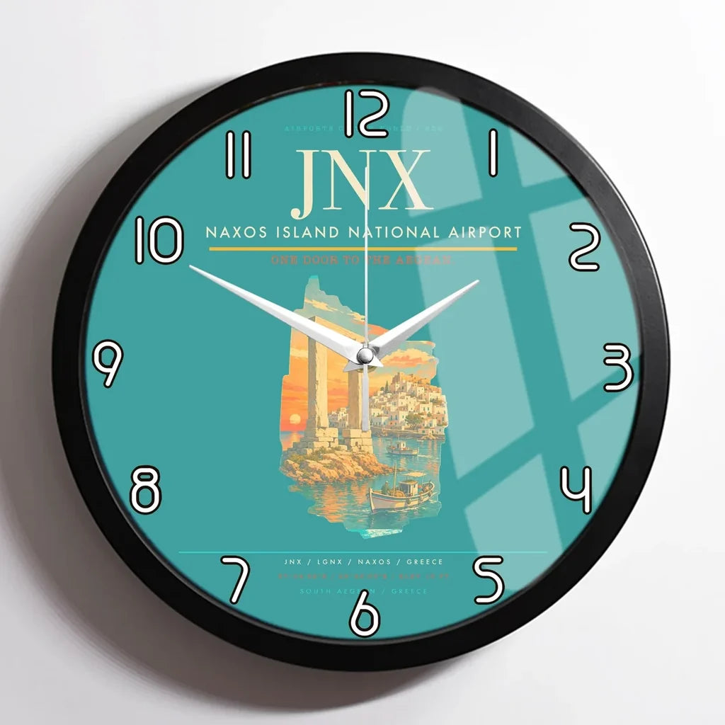 Naxos Island National Airport (JNX) design on turquoise framed wall clock