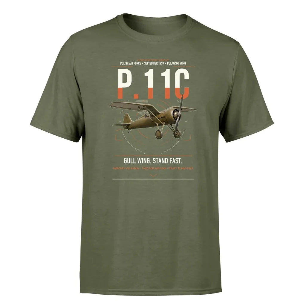 PZL P.11c design on green army t-shirt, single-side print