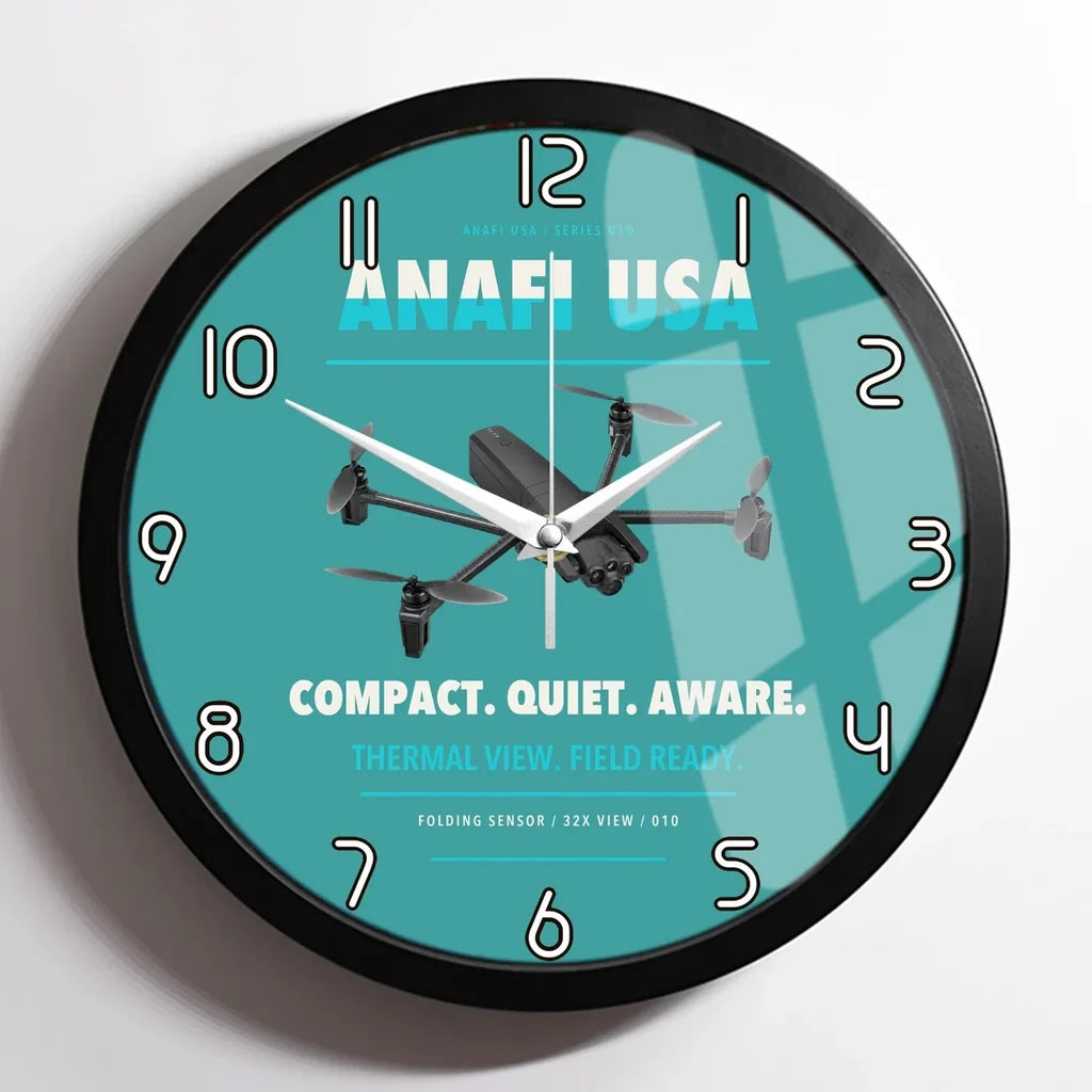 Parrot ANAFI USA design on turquoise framed wall clock