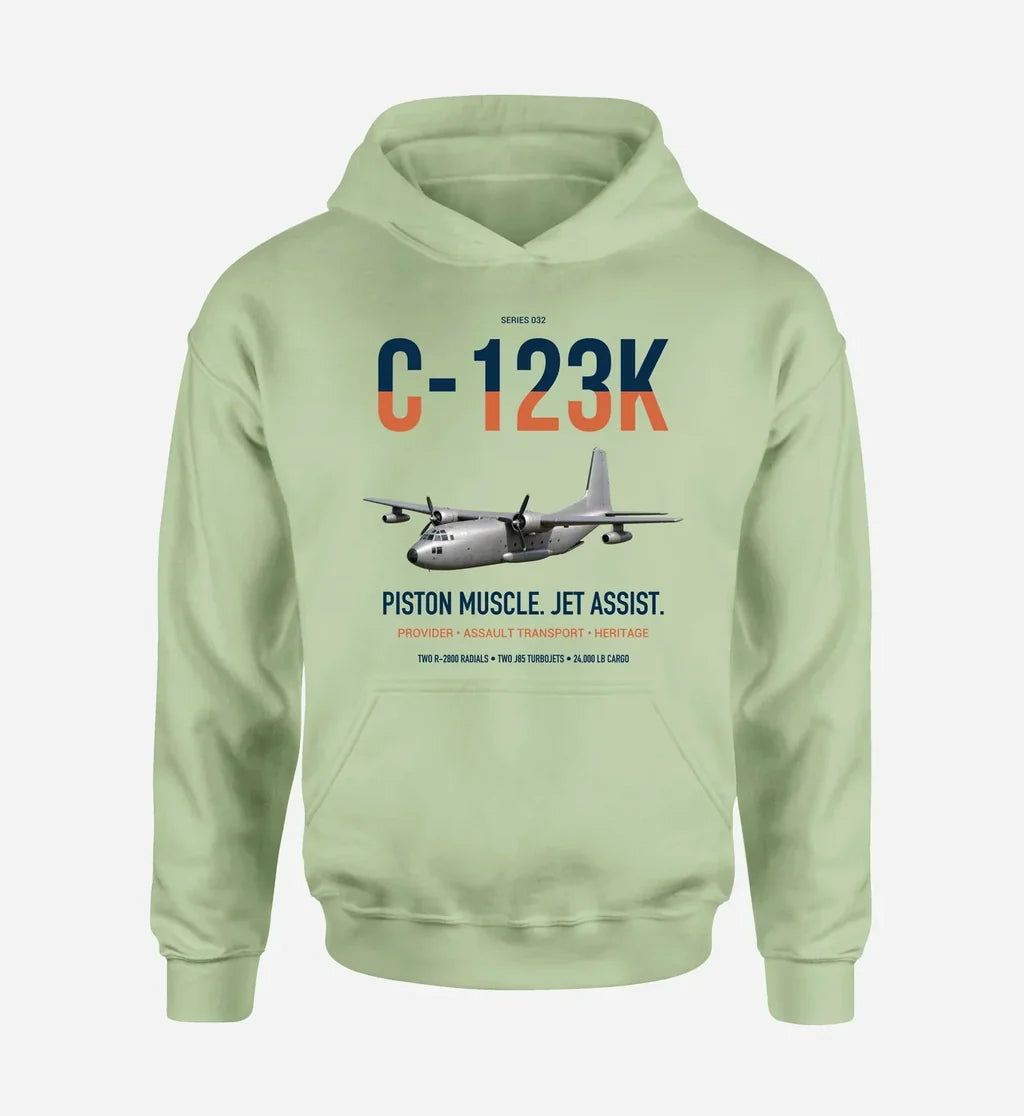 C-123K Provider design on light green double-side hoodie, single-side print