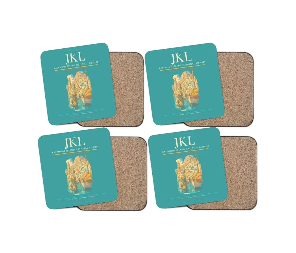 Kalymnos Island National Airport (JKL) design on turquoise 4 pieces set coaster