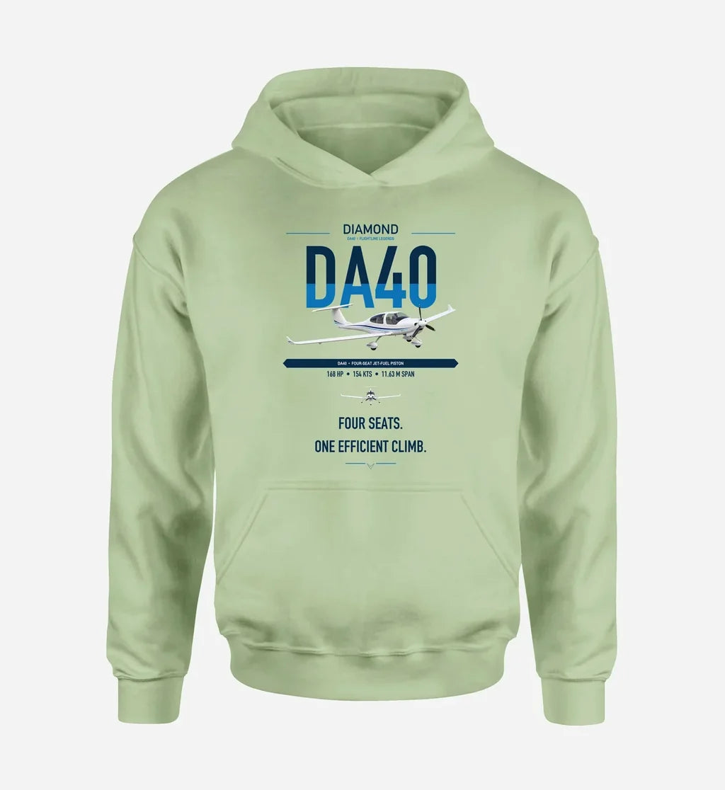 Diamond DA40 design on light green double-side hoodie, single-side print