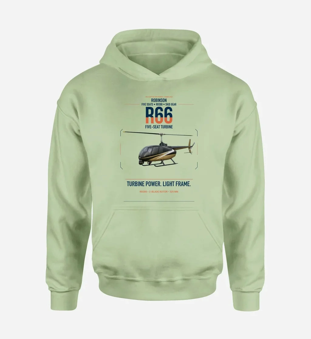 Robinson R66 design on light green double-side hoodie, single-side print