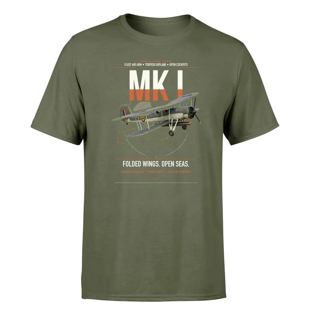 Fairey Swordfish Mk I design on green army t-shirt, single-side print