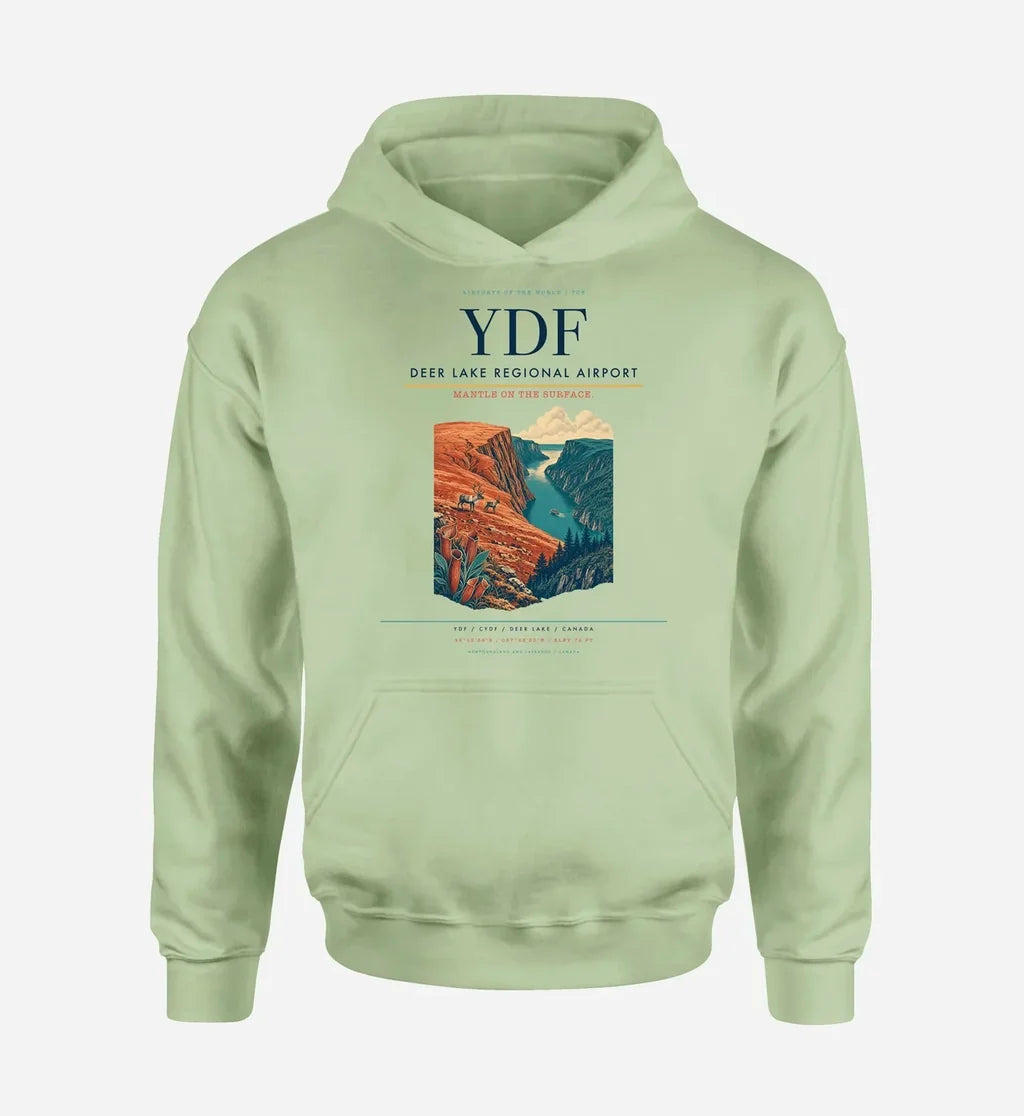 Deer Lake Regional Airport (YDF) design on light green hoodie single-side print
