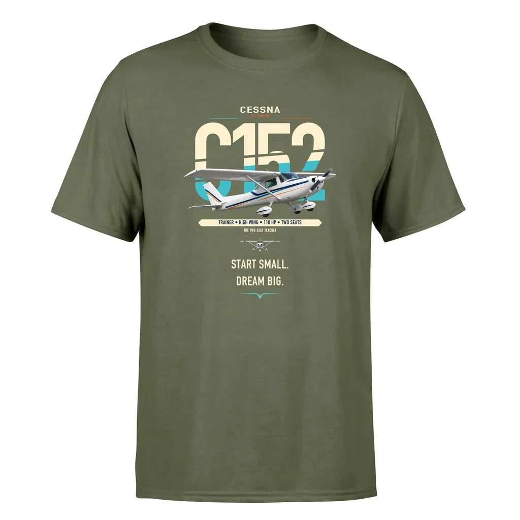 Cessna 152 design on green army t-shirt, single-side print