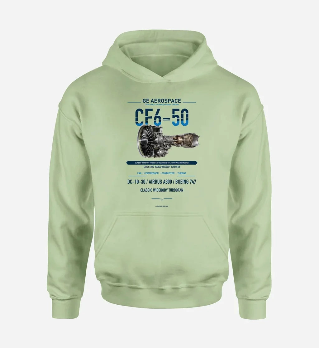 CF6-50 design on light green hoodie single side