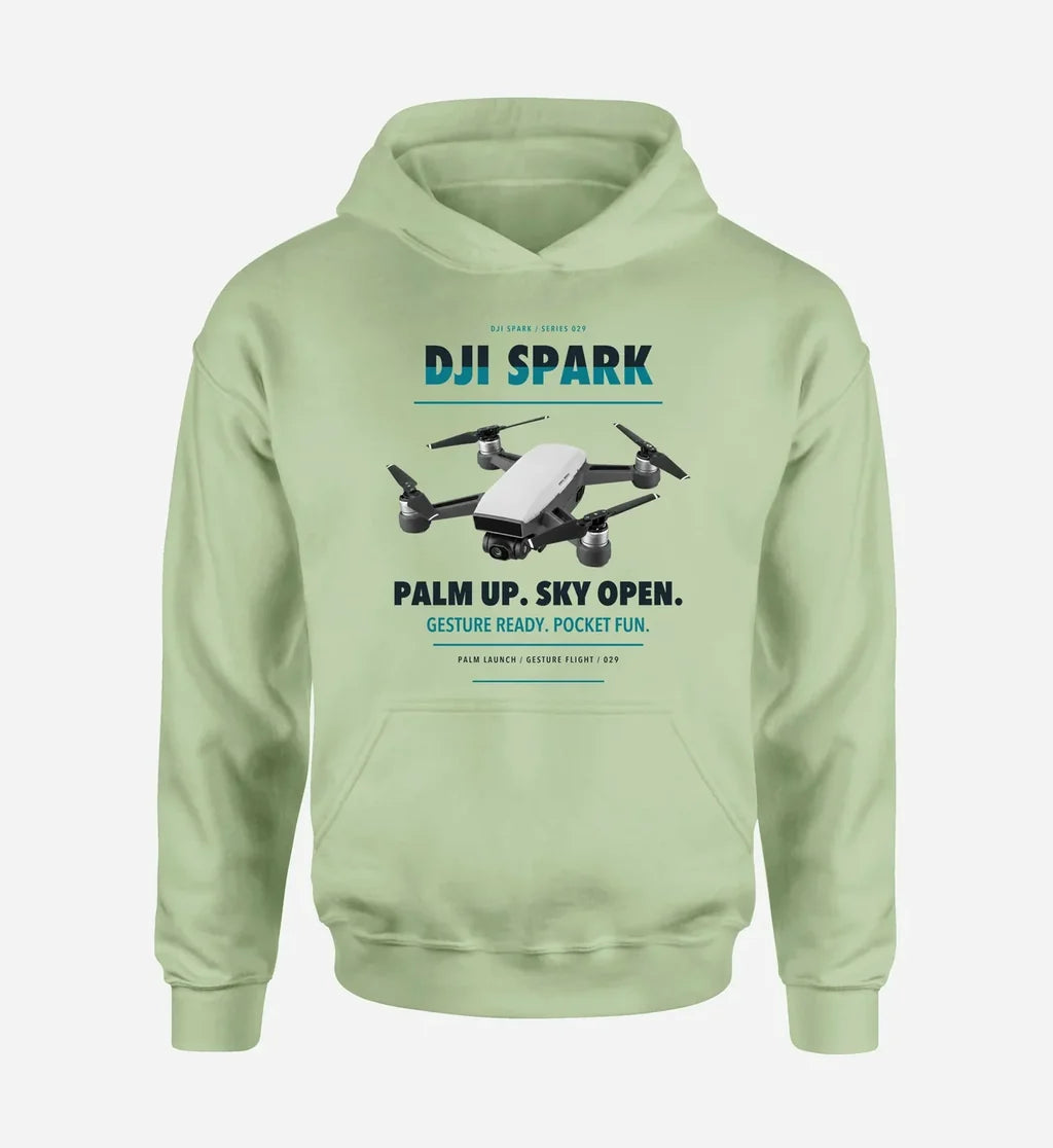 DJI Spark design on light green hoodie single side