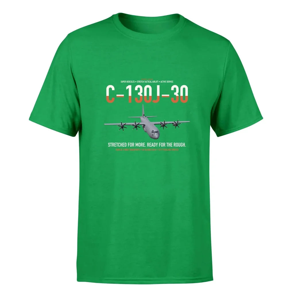 C-130J-30 Super Hercules design on green double-side t-shirt, single-side print