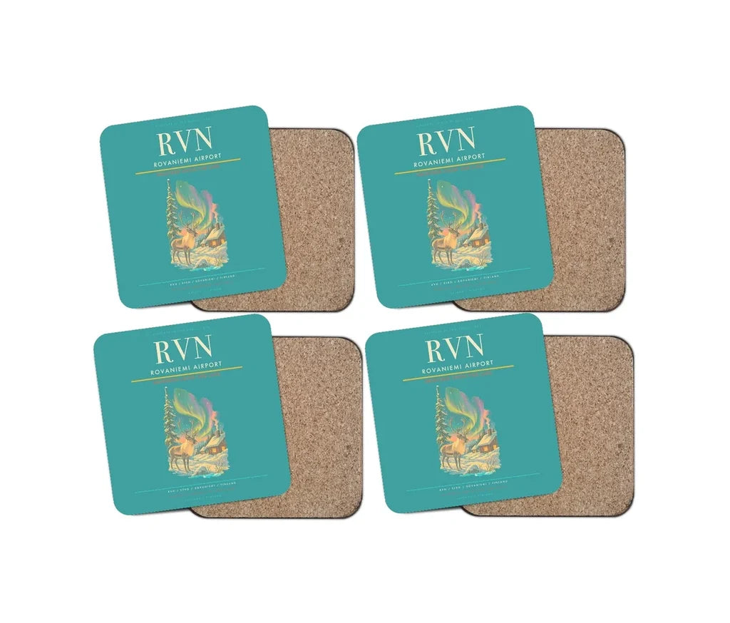 Rovaniemi Airport (RVN) design on turquoise 4 pieces set coaster