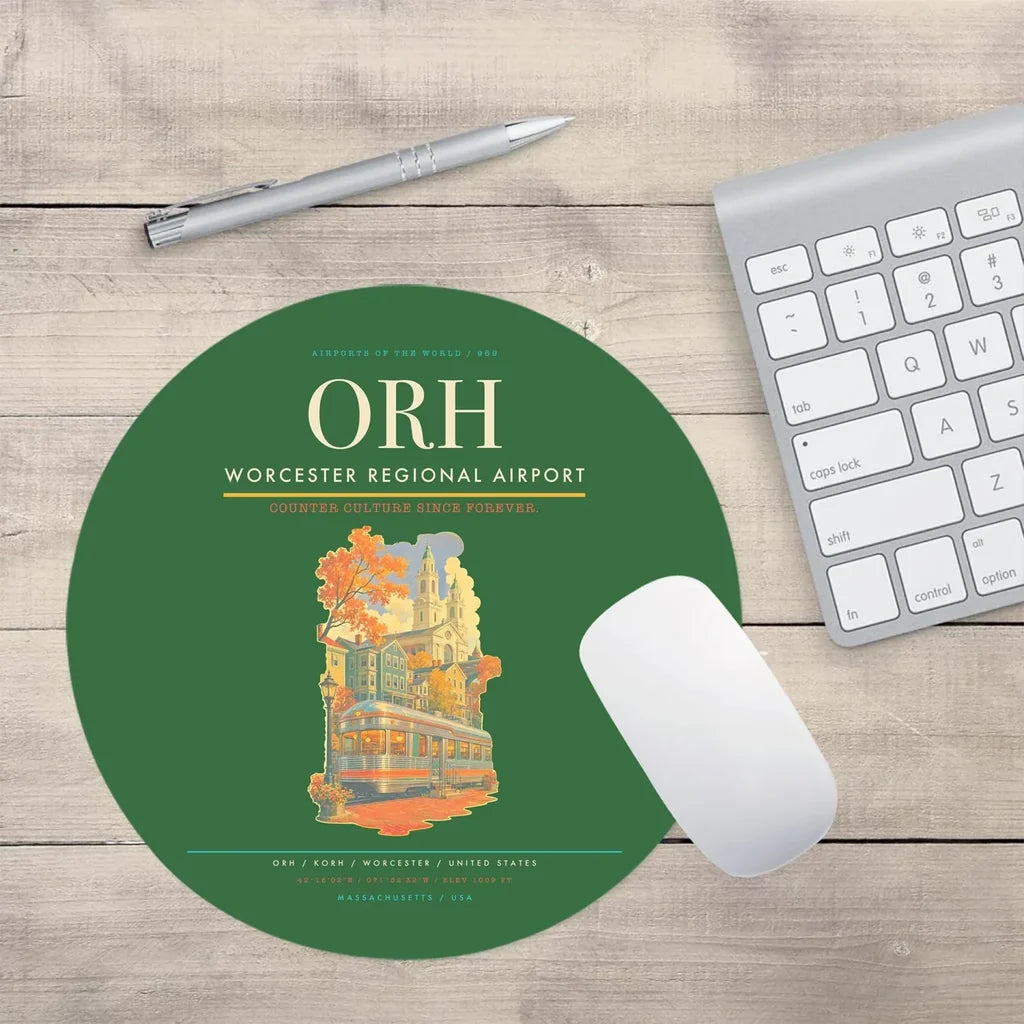 Worcester Regional Airport (ORH) design on green round mouse pad