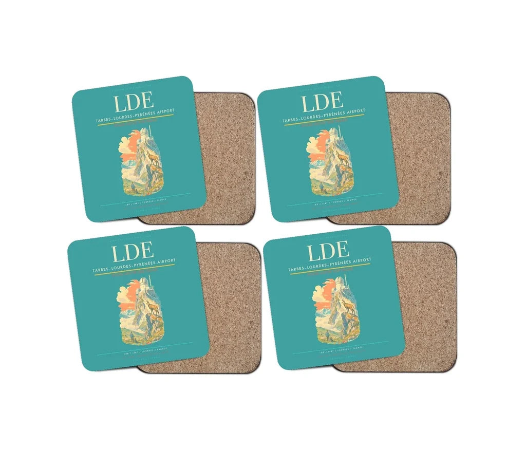 Tarbes–Lourdes–Pyrénées Airport (LDE) design on turquoise 4 pieces set coaster