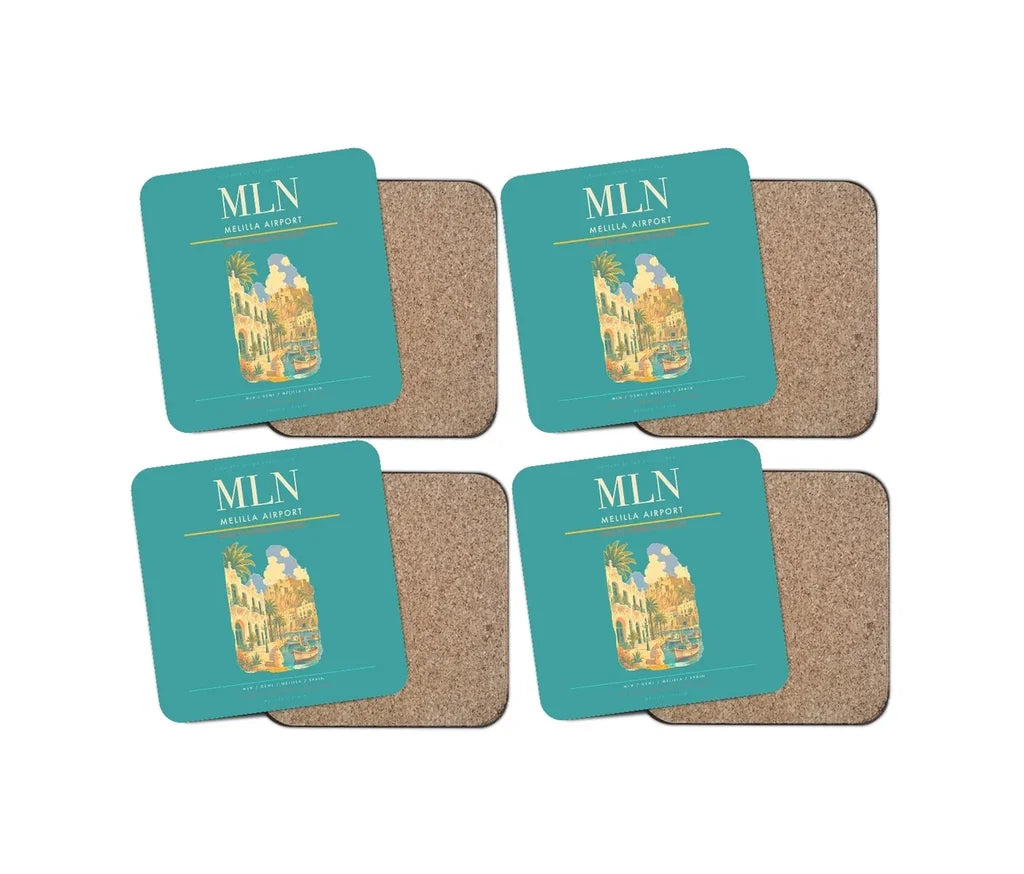 Melilla Airport (MLN) design on turquoise 4 pieces set coaster