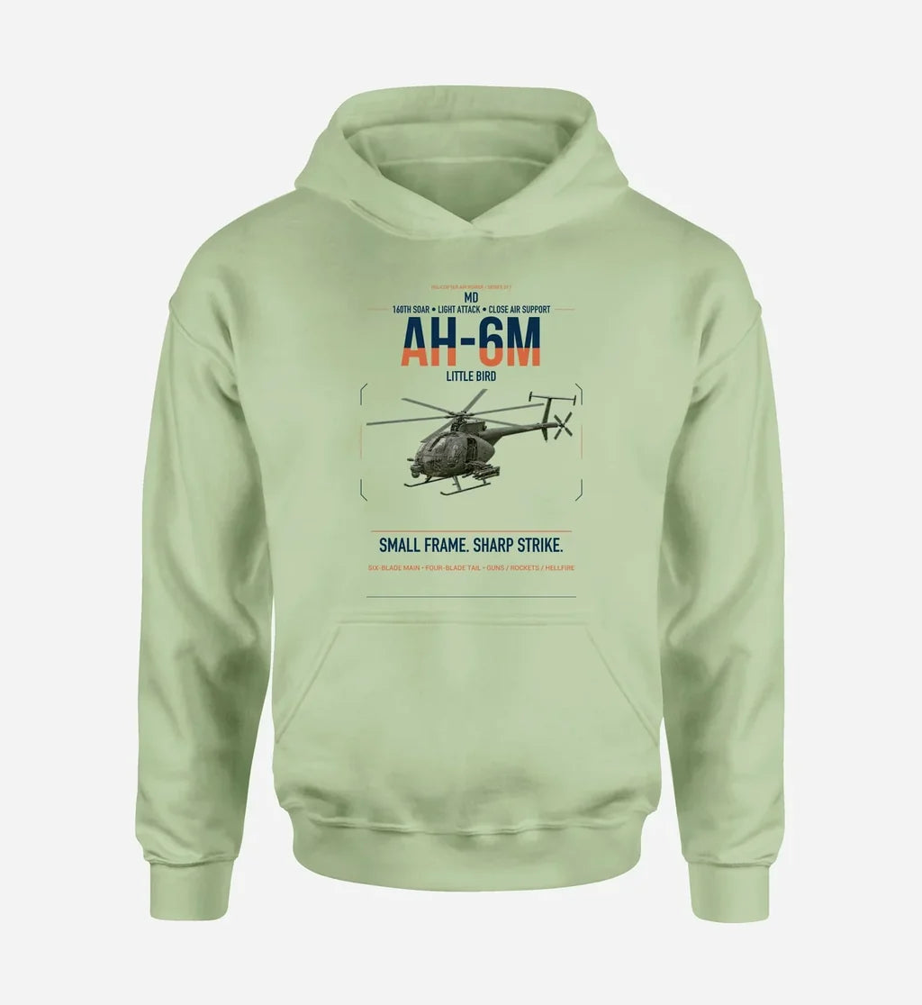 MD AH-6M Little Bird design on light green double-side hoodie, single-side print