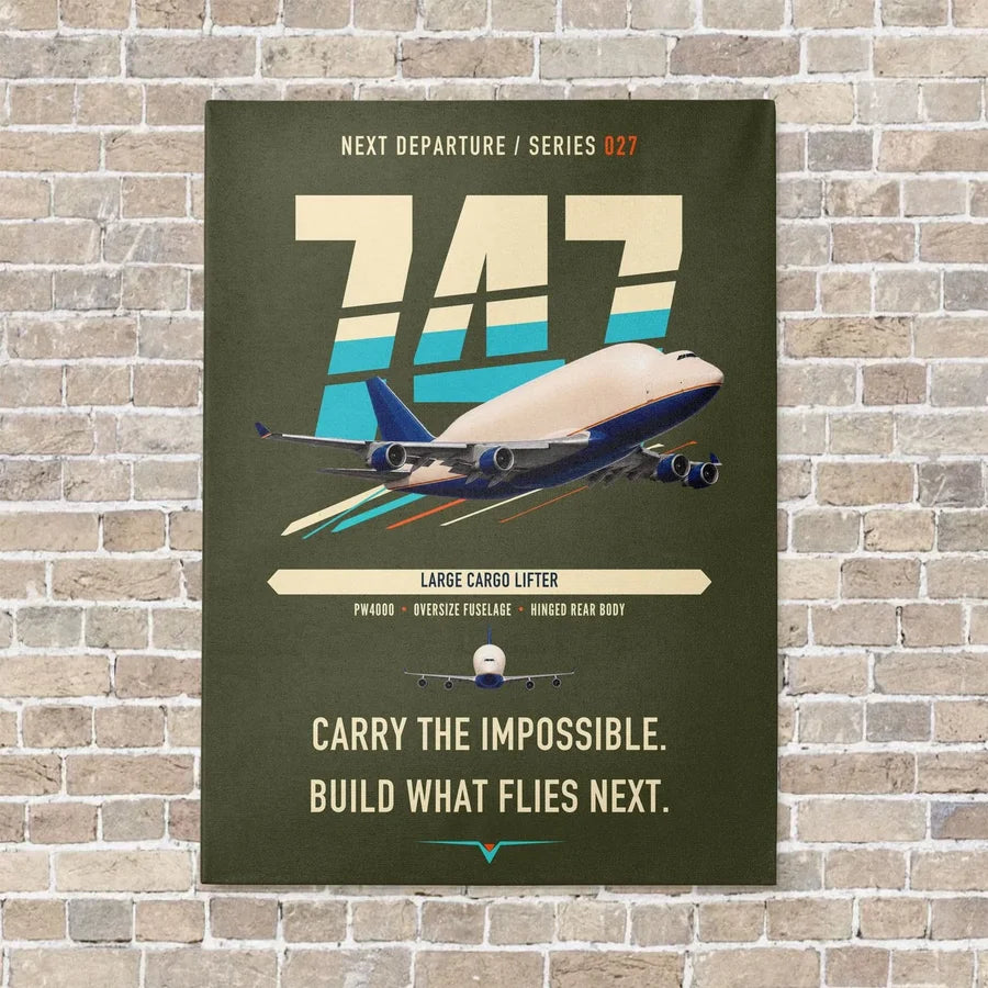 Boeing 747-400 Dreamlifter vertical canvas print - no frame - green army background