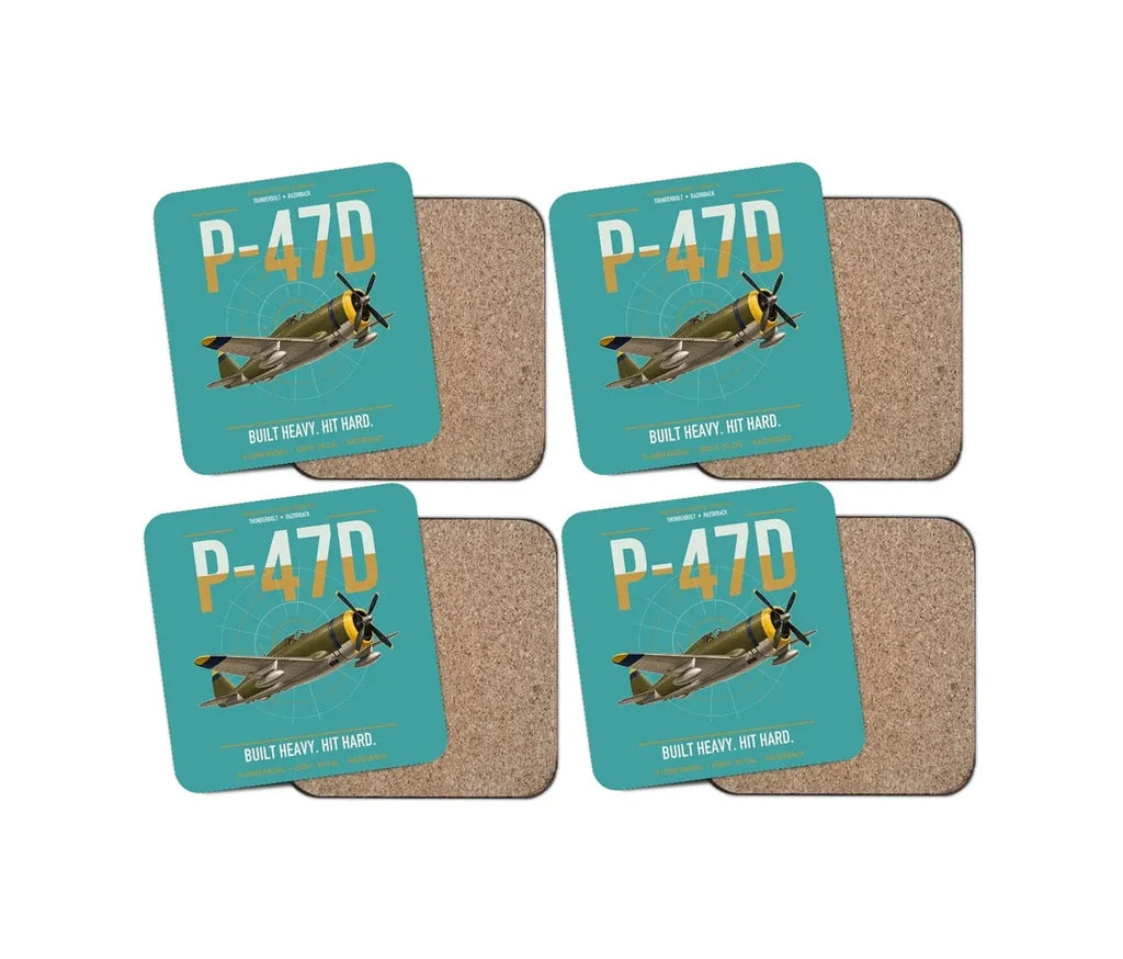 P-47D Thunderbolt Razorback design on turquoise 4 pieces set coaster