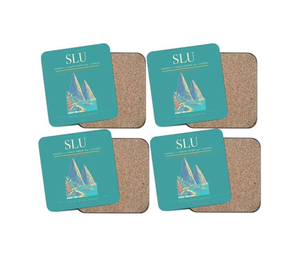 George F. L. Charles Airport (SLU) design on turquoise 4 pieces set coaster