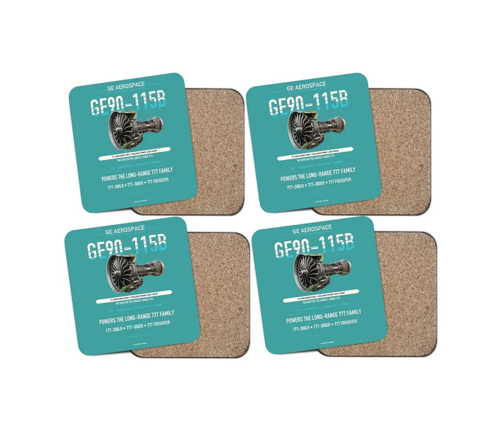 GE90-115B design on turquoise 4 pieces set coaster