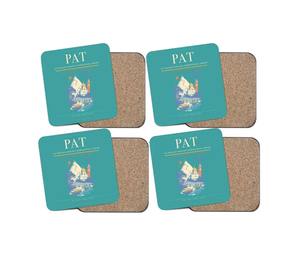 Jay Prakash Narayan International Airport (PAT) design on turquoise 4 pieces set coaster