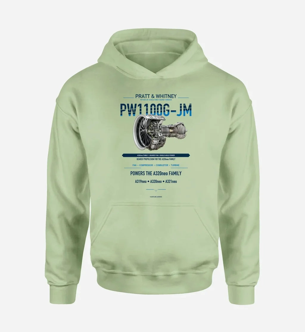 PW1100G-JM design on light green hoodie single side