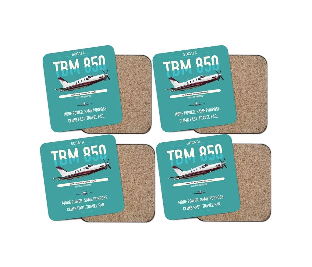 Socata TBM 850 design on turquoise 4 pieces set coaster