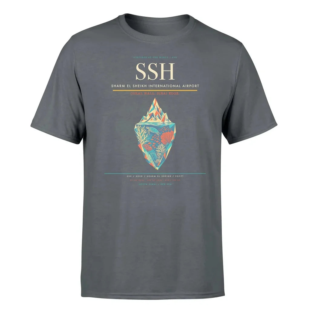 Sharm El Sheikh International Airport (SSH) T-Shirt single-side front print in Gray | sharm-el-sheikh-international-airport-ssh-double-side-t-shirt
