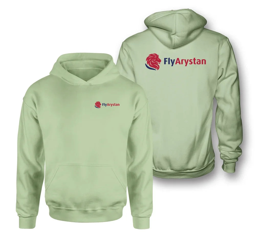 FlyArystan Airlines logo on light green double side hoodie