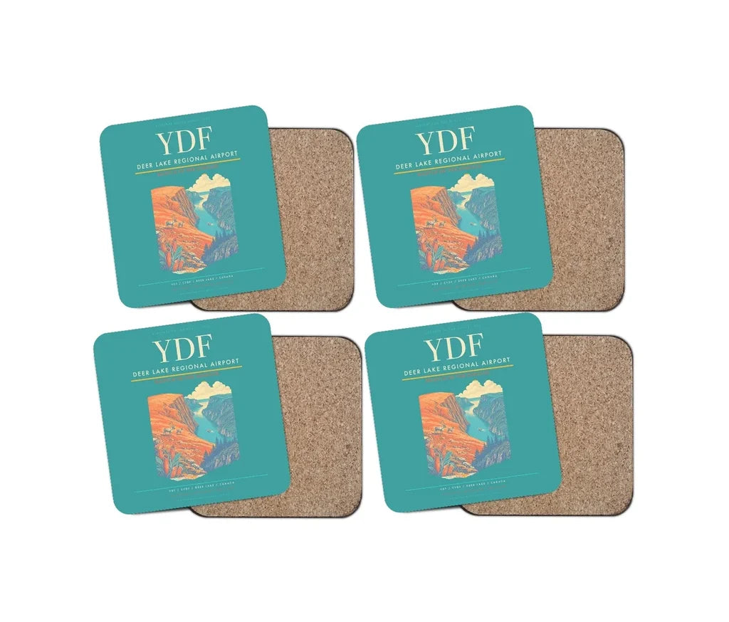 Deer Lake Regional Airport (YDF) design on turquoise 4 pieces set coaster