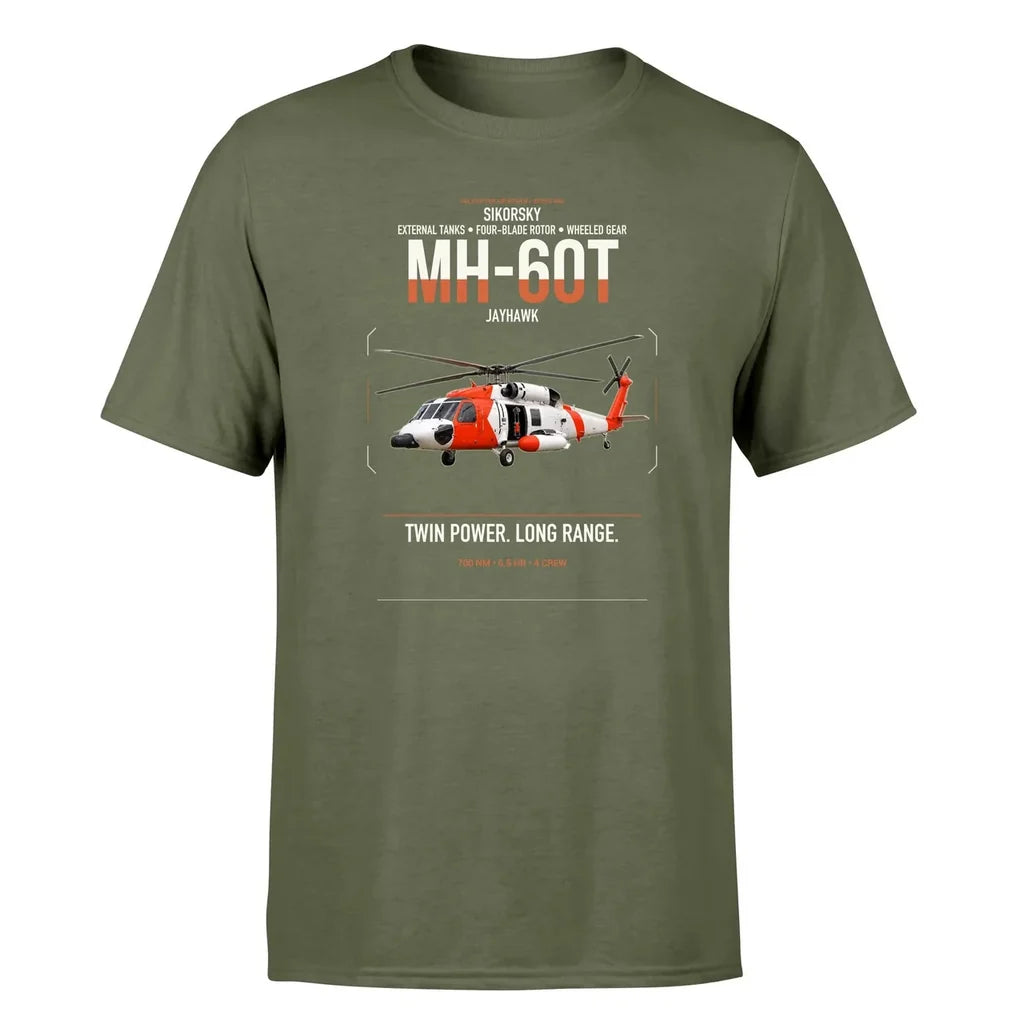 Sikorsky MH-60T Jayhawk design on green army t-shirt, single-side print