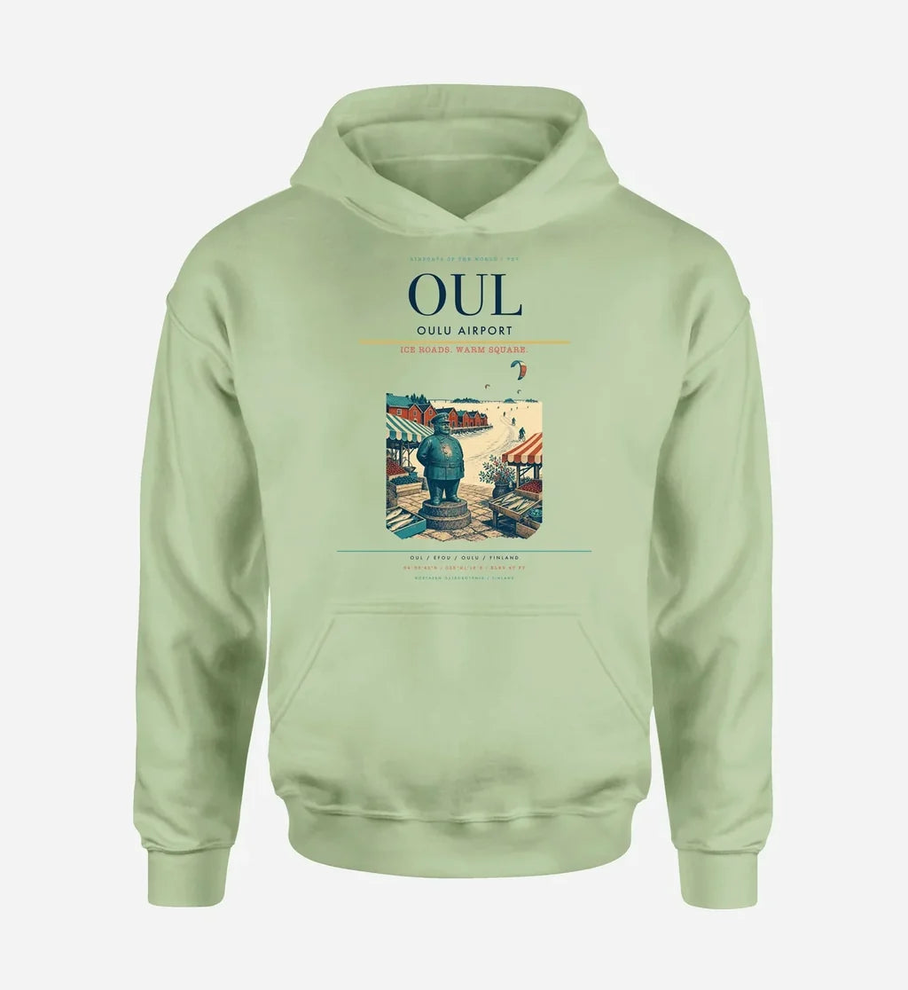 Oulu Airport (OUL) design on light green hoodie single-side print