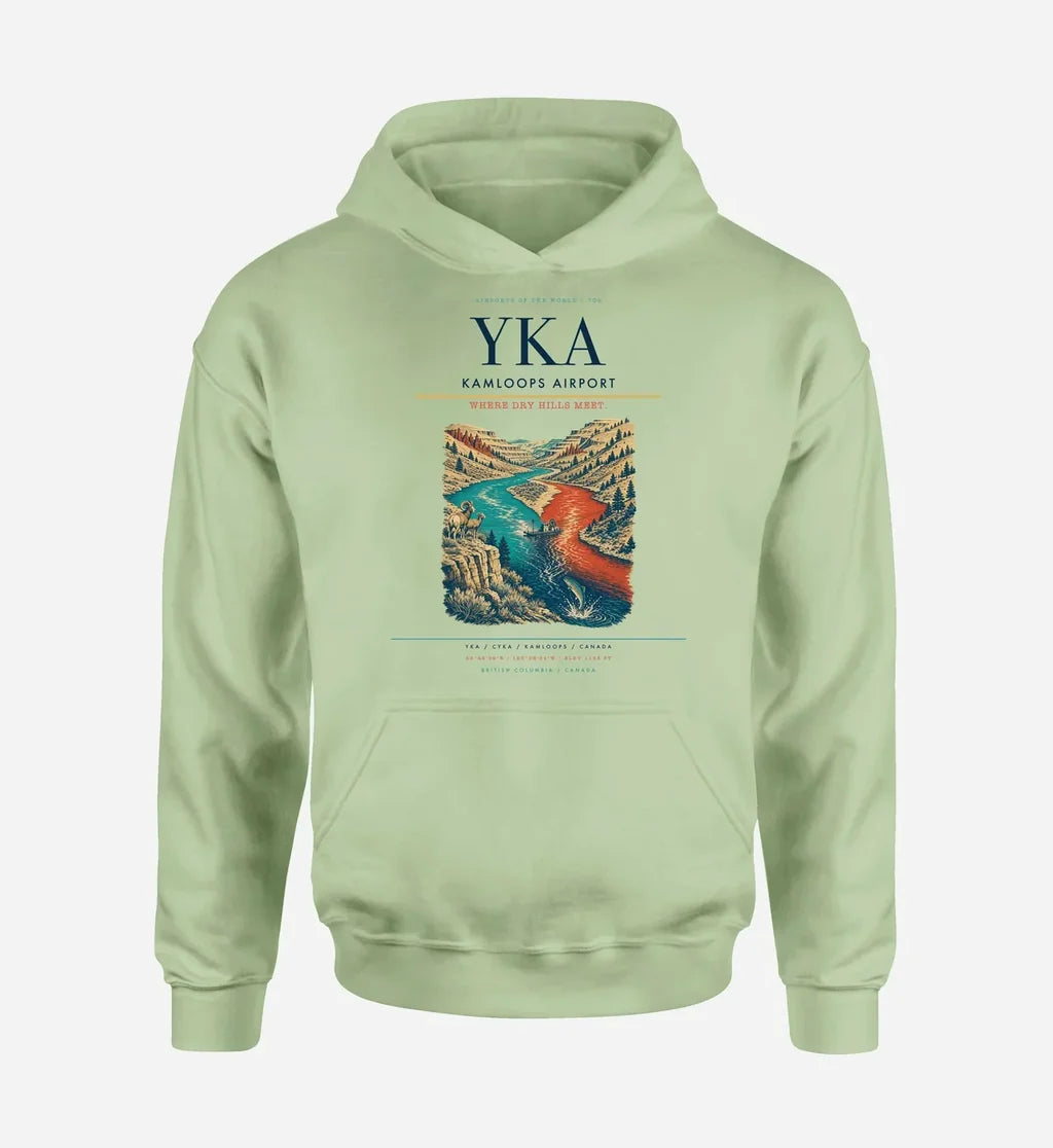 Kamloops Airport (YKA) design on light green hoodie single-side print