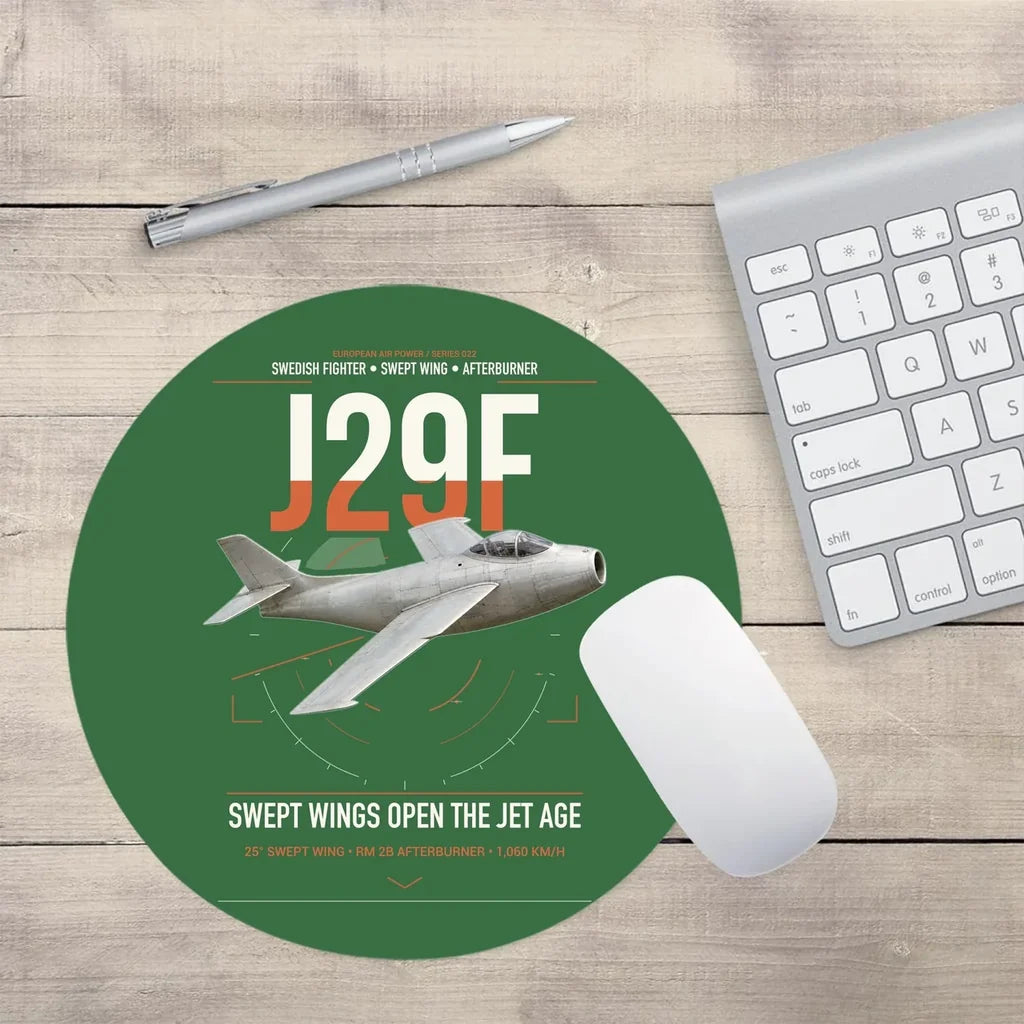 Saab J 29F Tunnan design on green round mouse pad