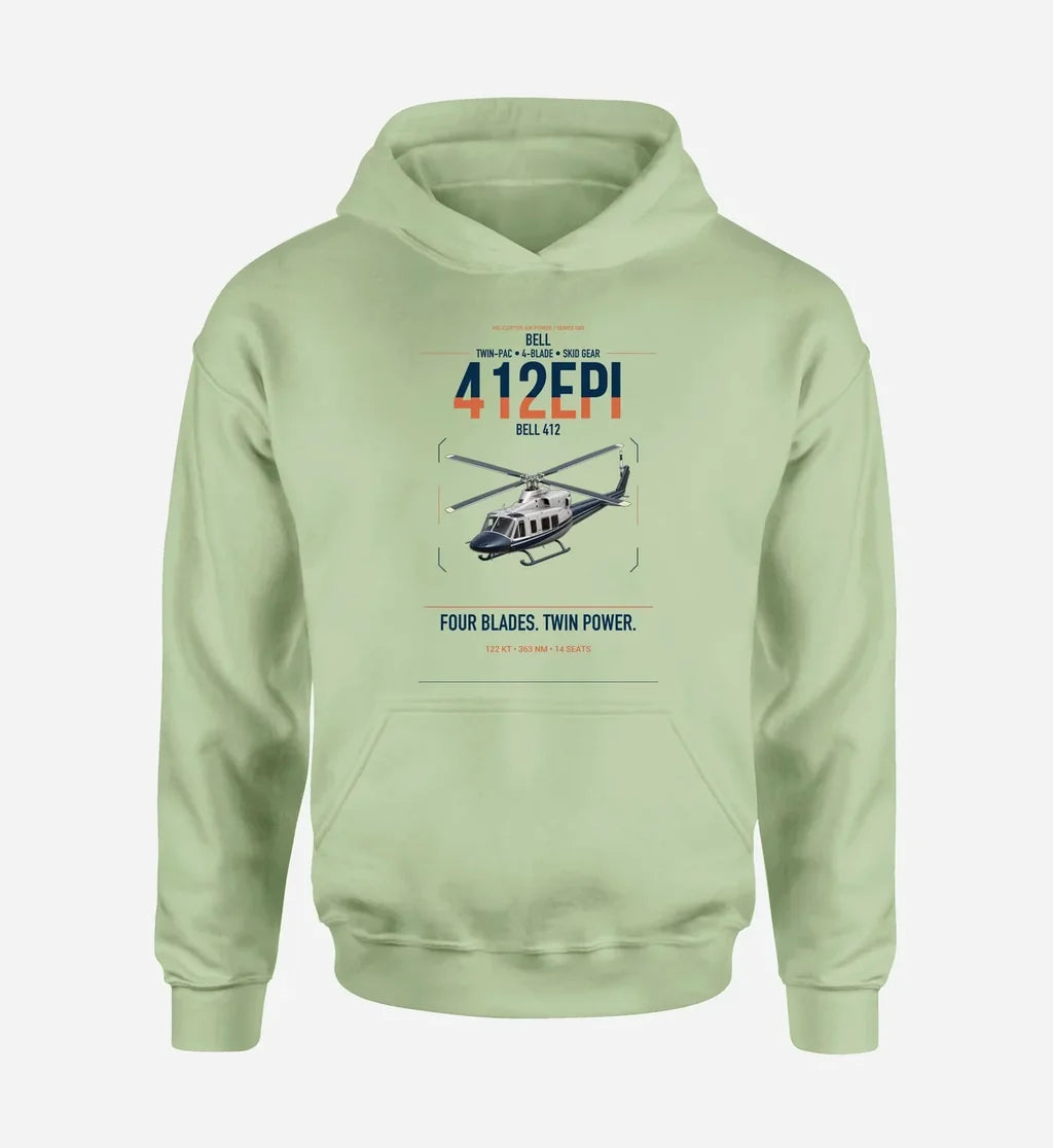 Bell 412EPI design on light green double-side hoodie, single-side print