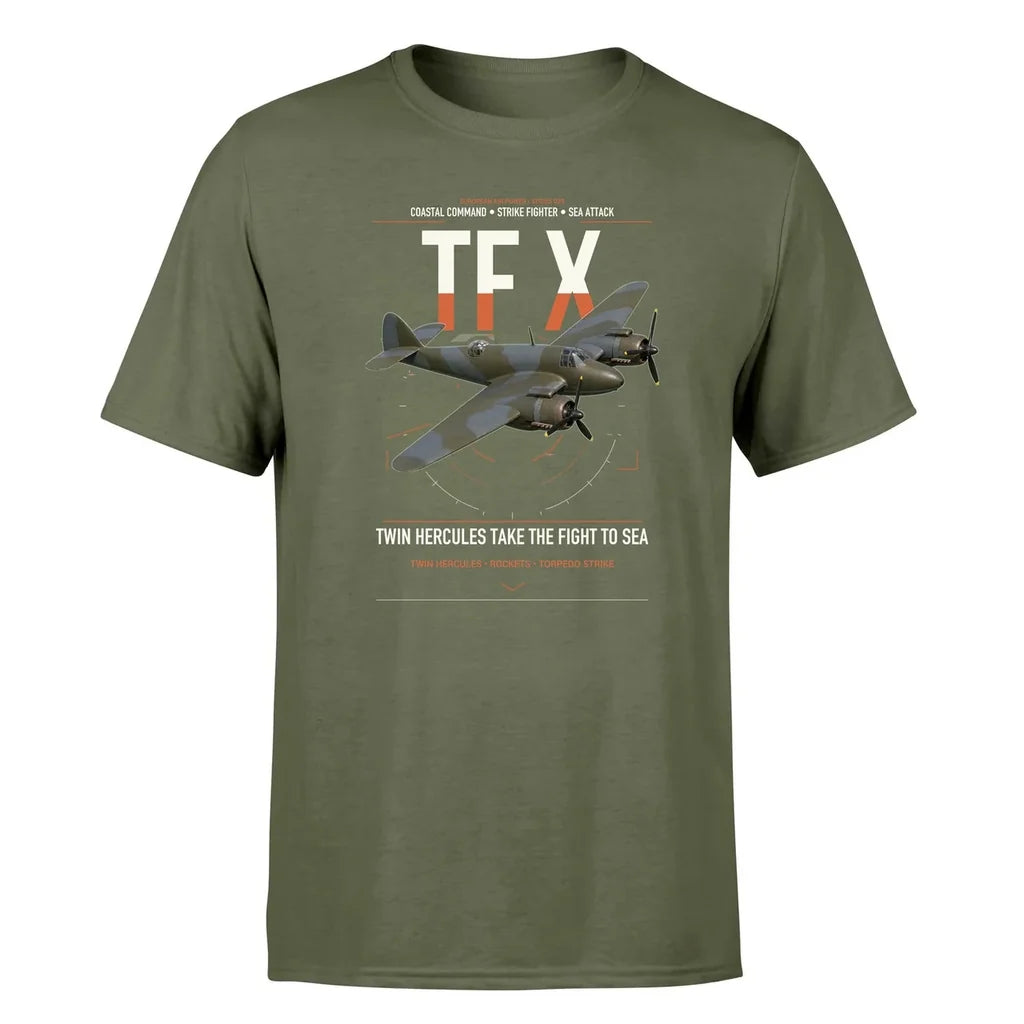 Bristol Beaufighter TF X design on green army t-shirt, single-side print