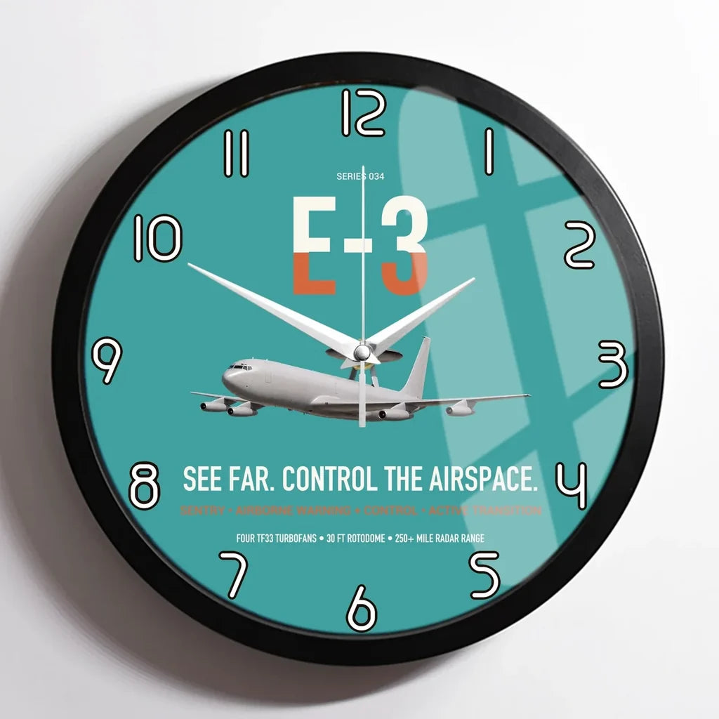 E-3 Sentry AWACS design on turquoise framed wall clock