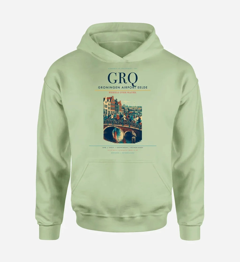 Groningen Airport Eelde (GRQ) design on light green hoodie single-side print